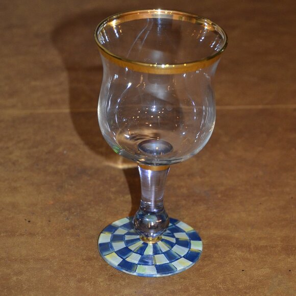 RARE RETIRED DESIGNER MACKENZIE CHILDS BLUE ROYAL CHECK GOLD WINE GLASS GOBLET - Picture 3 of 10